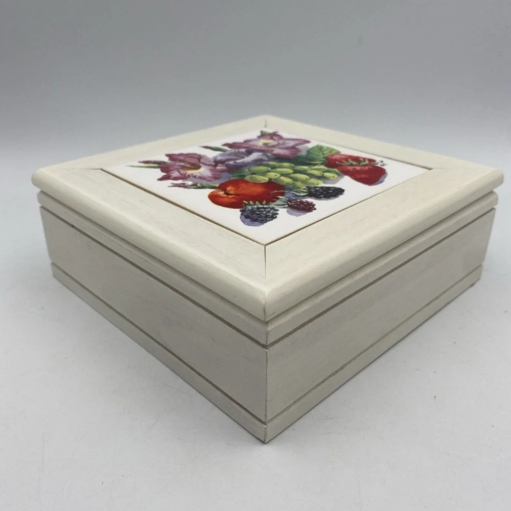 Vintage White Wood Jewelry Box‎ with Ceramic Tile Lid Fruit and Flowers